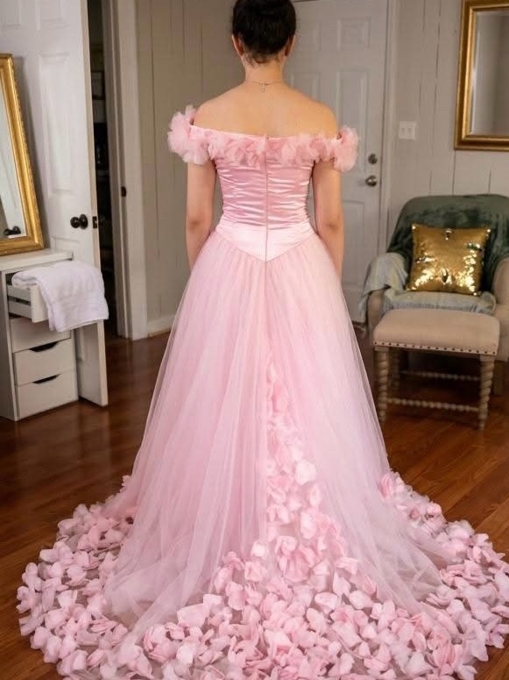 Romantic Off-Shoulder Pink Tulle Ball Gown